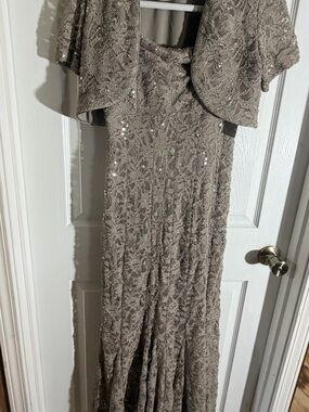 NWT R&M Richards Taupe Champagne Sequin Lace Evening Dress with Matching Bolero